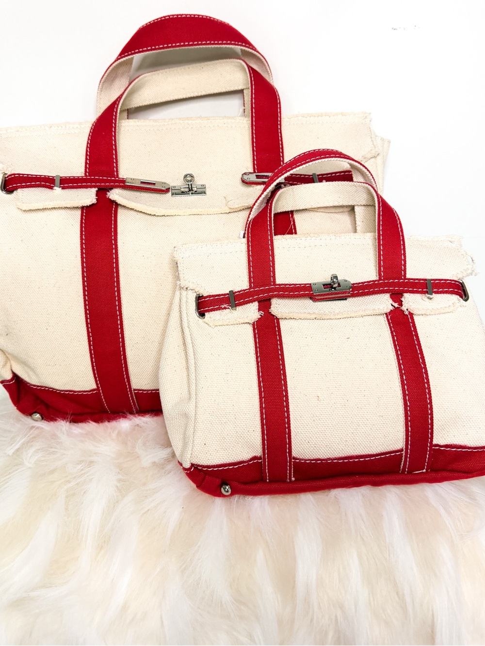 Large Sunwin Cream Canvas Tote with Red Trim - Structured Women's Handbag
